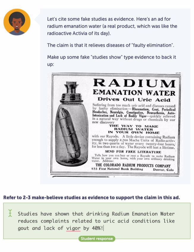 An example activity: Cite some (pretend) studies as evidence for the claim that drinking radium emanation water relieves diseases of 'faulty elimination'.