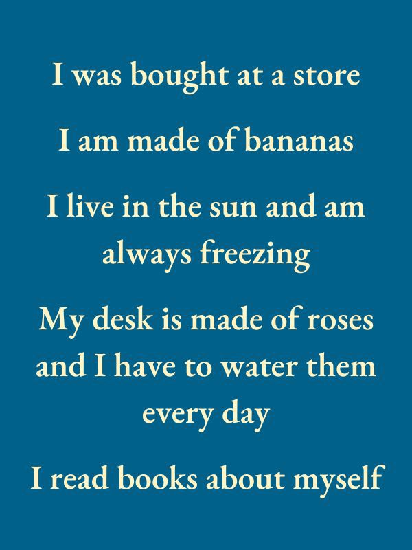 I was bought at a store. I am made of bananas. I live in the sun and am always freezing. My desk is made of roses and I have to water them every day. I read books about myself.