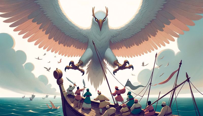 A giant griffin swoops down on a ship full of men wielding scimitars and flags.
