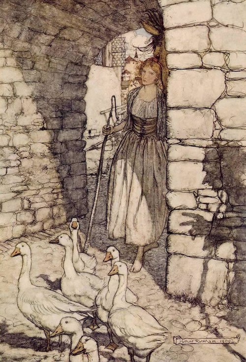 Arthur Rackham's Goose Girl illustration. Beautiful, but maybe a bit drab for most kids.