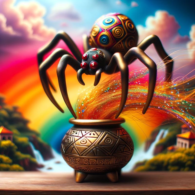 In front of a bright rainbow, a bejeweled spider dangles above a golden vase engraved with geometric patterns. Out of the vase spill golden fibres, dotted with dew that sparkles like gems