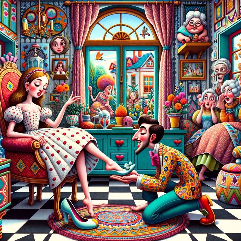 A brightly coloured illustration of a young man fitting a glass shoe on a young woman's foot. Other women look on in shock.