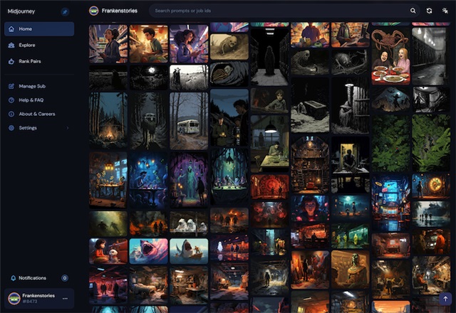 A gallery of images generated using Midjourney, most have a painterly style.