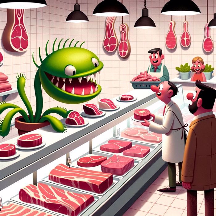 A butcher serves cuts of steak to a giant, happy venus flytrap.