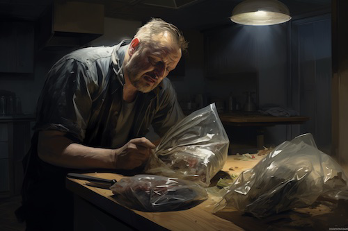 Realistic oil painting style image by Midjourney of a middle aged man sitting at a table, with plastic bags full of dirt.