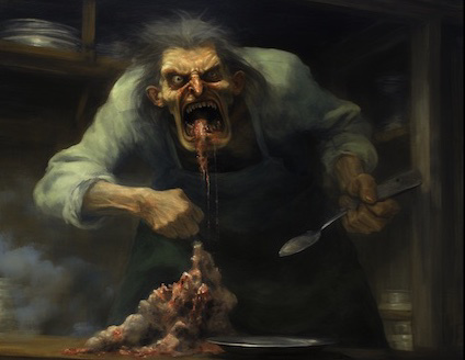 An exaggerated oil painting style image by Midjourney of a deranged man gobbling down... meaty gunk. With a spoon.