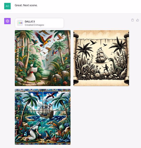 Excerpt from ChatGPT convo. Great. Next scene. ChatGPT responds with images of the Egyptian sailor on an island full of colourful wildlife and lush plants