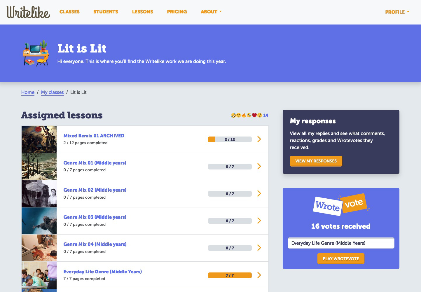 A sneak peak of the improved student lessons page. It's easy to see at a glance what lessons are assigned, how peers have reacted to their writing, and access Wrotevote.