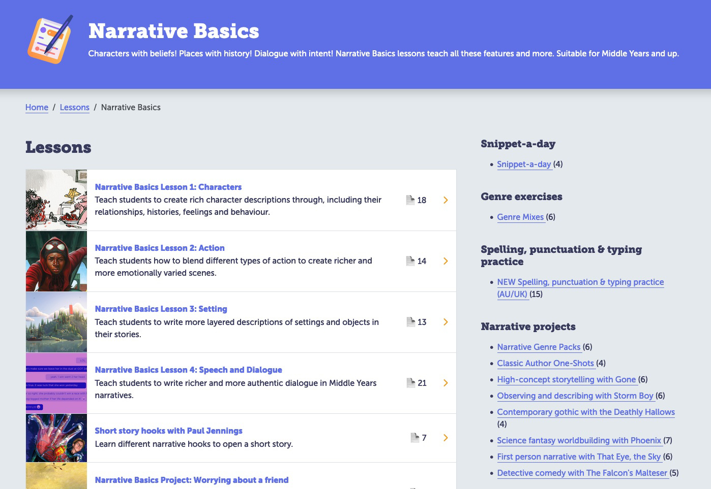 A sneak peak of the new lesson browse view, where it's easier to see the kinds of lessons Writelike has.