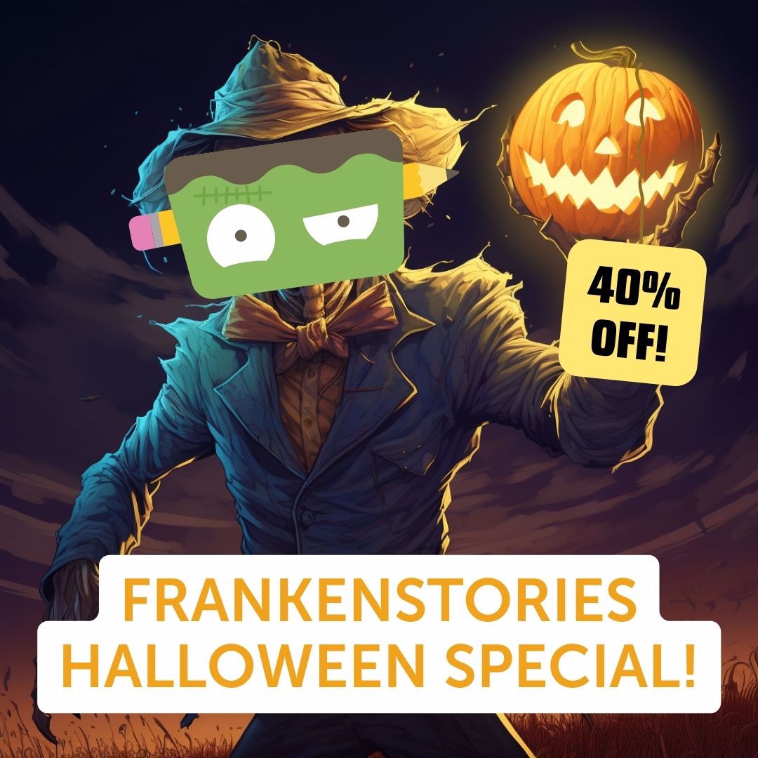 Franky's face on a scarecrow body holding up a carved, glowing pumpkin.