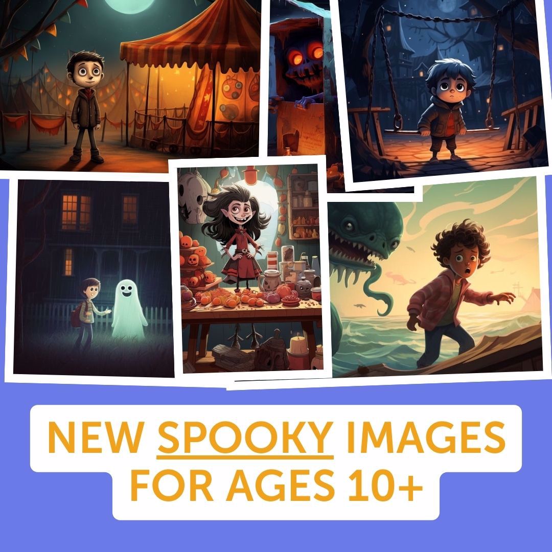 A sample of cartoonish spooky images suitable for ages 10+. Cute ghosts, spooky abandoned carnivals, dribbly sea monsters...and more.
