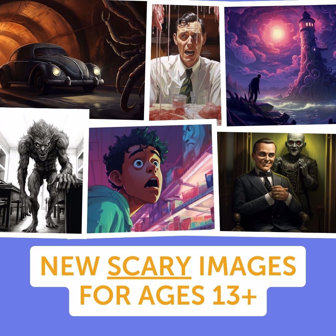 A sample of scary images suitable for ages 13+. Intimidating werewolves, unidentifiable pink goo, nasty crab monsters in tunnels, and more...