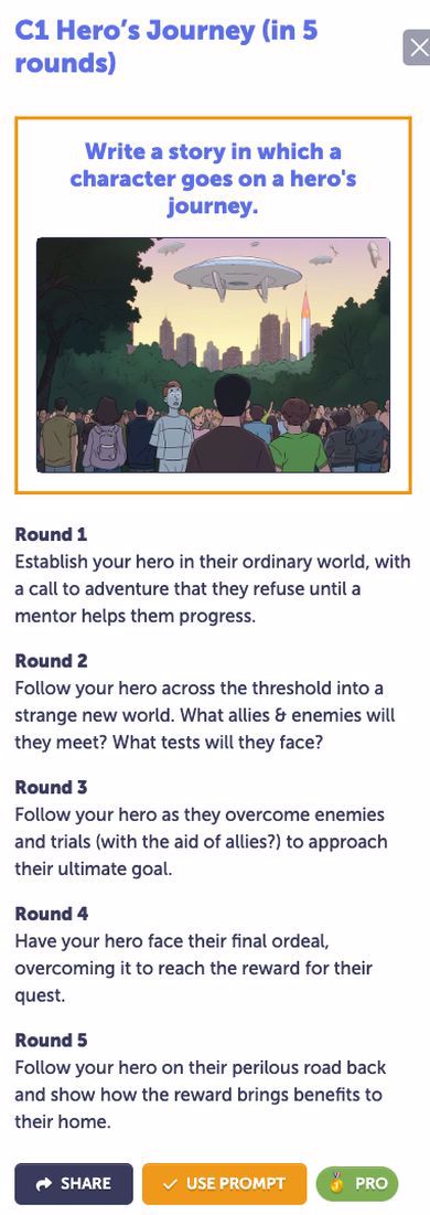A sample Hero's Journey prompt. The round instructions provide scaffolding for all stages of the hero's journey, from the call to (and refusal of) adventure, to the perilous road back home.
