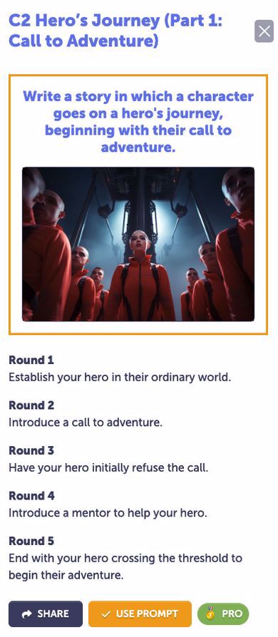 An example hero's journey prompt, with round instructions scaffolding the call to adventure, from establishing the ordinary world to crossing the threshold of adventure.