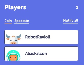 Players with random names RobotRavioli and AliasFalcon.