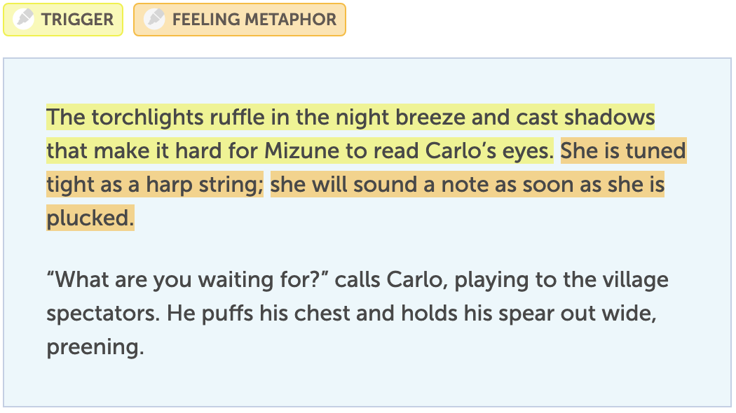 The torchlights ruffle in the night breeze and cast shadows that make it hard for Mizune to read Carlo’s eyes. She is tuned tight as a harp string; she will sound a note as soon as she is plucked.  “What are you waiting for?” calls Carlo, playing to the village spectators. He puffs his chest and holds his spear out wide, preening.