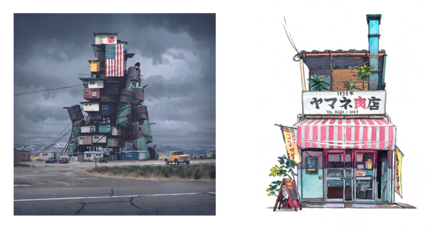 Comparison of a gloomy post-apocalyptic tower with an adorable Tokyo neighbourhood store