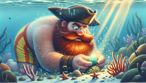 A pirate in swimming trunks on the sea bed closely examines a seashell.