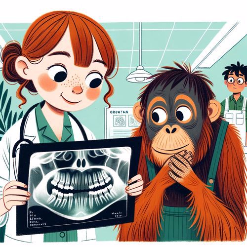 A smiling veterinarian shows a relieved orangutan their dental x-ray