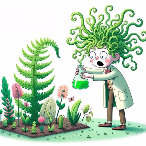 Beside a verdant garden, green goo escapes from a flask, giving the surprised scientist wild green hair.