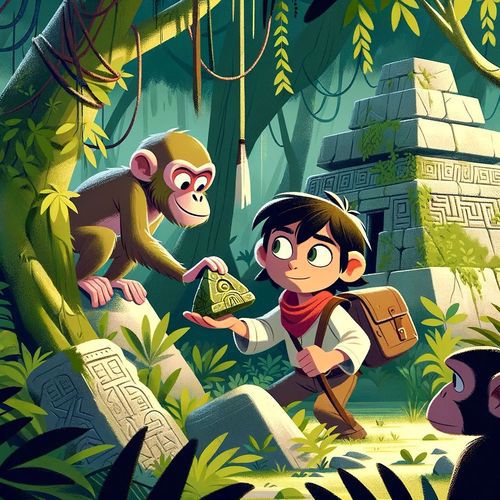 A monkey hands a young boy explorer a strange stone pyramid amongst deep jungle ruins.
