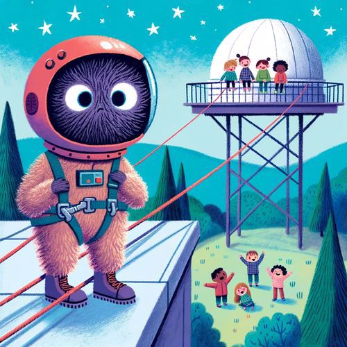 A nervous fluffy alien in an astronaut's helmet and safety harness watch a group of children playing on an observation platform.