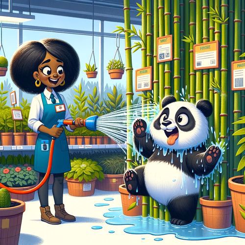 A smiling zookeeper sprays a happy dancing panda with a hose in the zoo's greenhouse