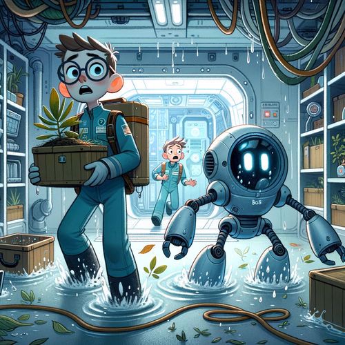 Two scared boys and a robot look for an exit from a flooding spaceship. One of the boys is holding a sapling in a crate.