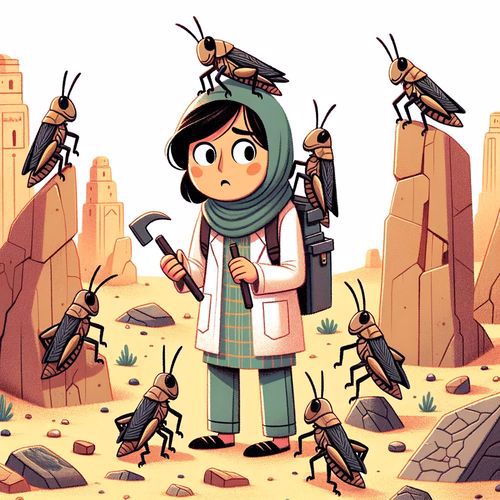 A nervous archeologist stands amongst desert ruins, surrounded by and covered in locusts.