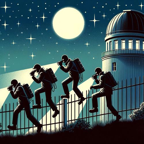 A set of four cookie-cutter conspiracists with flashlights climb over a fence away from an observatory