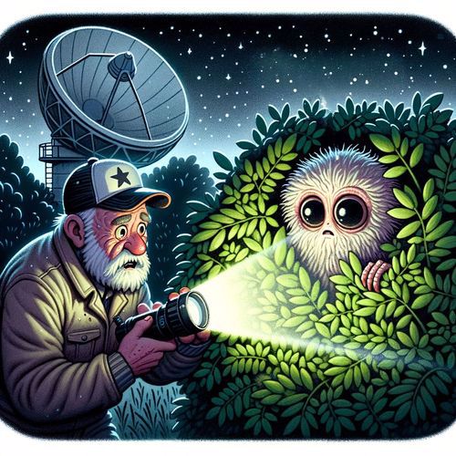 An older man with a sports cap and wrinkled coat aims a flashlight into the wide eyes of a furry alien hiding in a bush. In the distance a satellite dish points up at the sky.