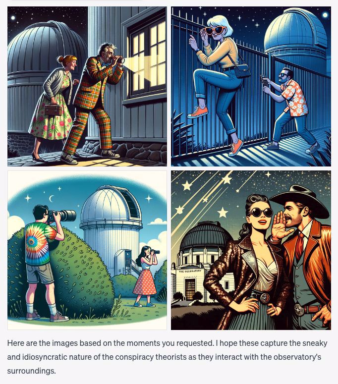 A set of four images of various people sneaking, taking photos, and whispering in the grounds of an observatory. They have various clothing styles such as tie dye, cowboy hats, Hawaiian shirts, tweed suits.