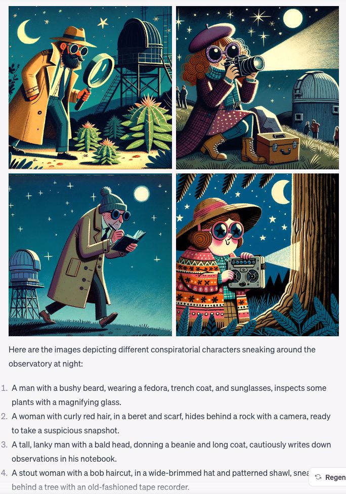 A set of four cartoony conspirators sneaking around the observatory, with a variety of clothes and props. An absurdly large magnifying glass; a purple beret; a notebook and pencil; an old style audio recording device.