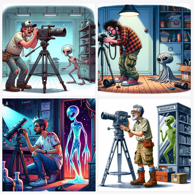 A set of four images of shabby, messy-haired men with baggy pants, torn jeans, and stained shirts setting up cameras, totally oblivious to the aliens behind them.