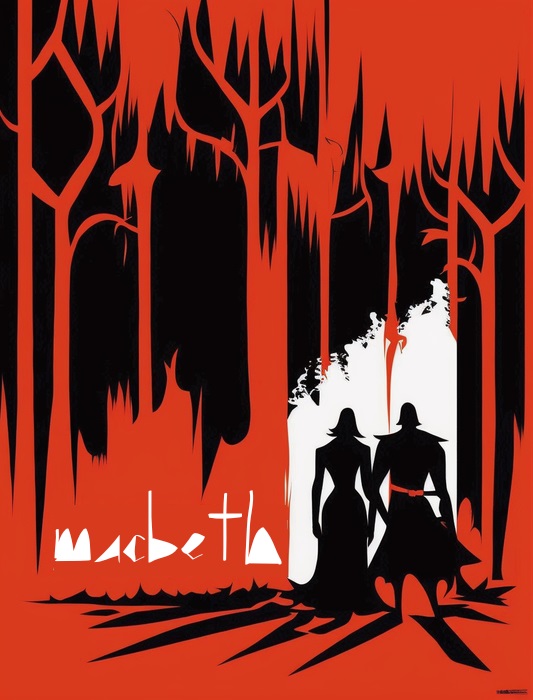 Red and black Macbeth poster with silhouettes of Lord and Lady Macbeth