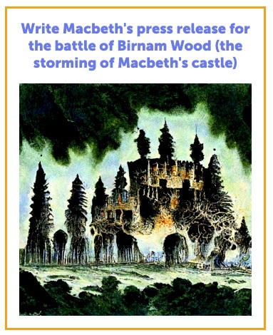 Text prompt: Write Macbeth's press release for the battle of Birnam Wood. Image prompt: A castle being engulfed by forest.