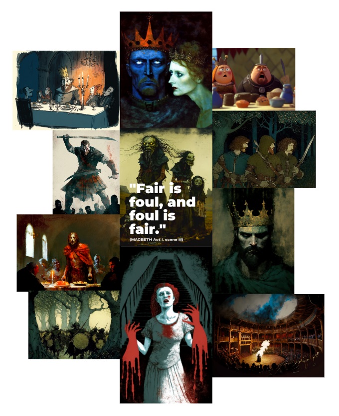A collage of Macbeth-themed images—kings, warriors, feasts, bloody hands, murderous men in forests, witches