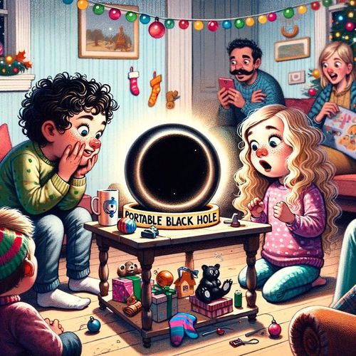 Two kids receiving a portable black hole on Christmas Day