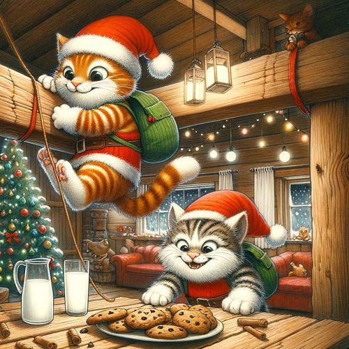 Two tabby cat burglars in santa hats rappel down to where the cookies and milk are set out.