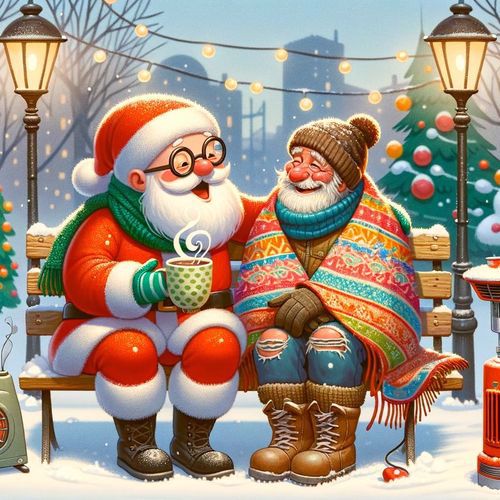 Santa has a cup of tea on a bench with a man in ragged jeans, who is wrapped in a colourful new shawl