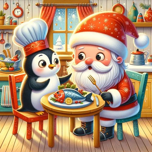 Santa and a penguin in a chefs hat share a fish dinner.