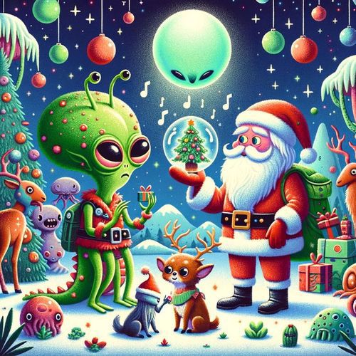 Santa presents a Christmas tree ornament to an alien