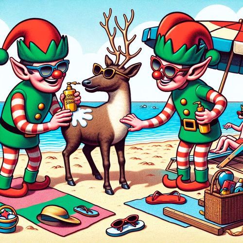 Two elves lather sunscreen on a reindeer at the beach