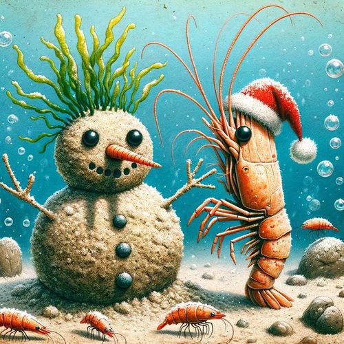 A prawn wearing a santa hat builds a snowman out of sand and seaweed at the bottom of the ocean