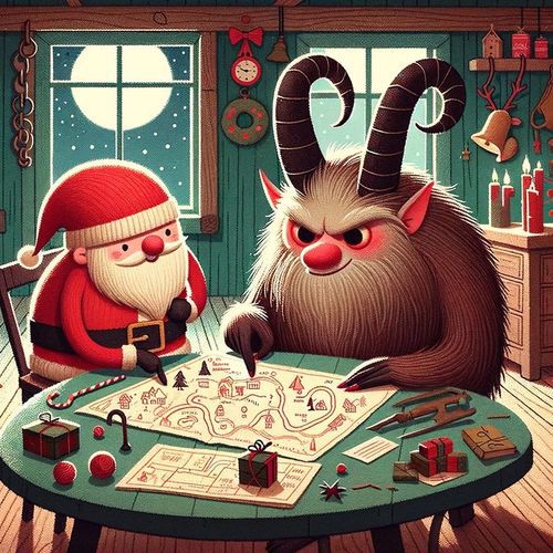 Santa and Krampus pour over a map together in a wooden cabin decorated with red candles and other muted christmas ornaments