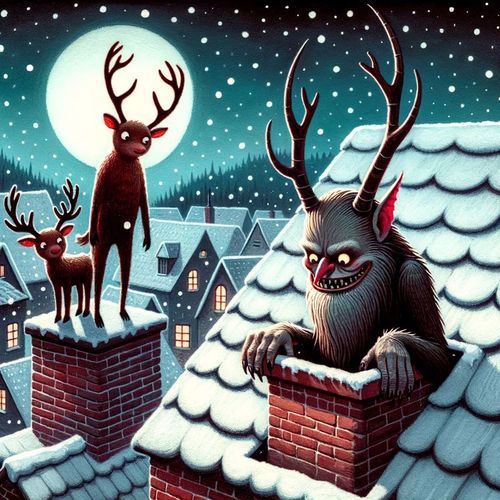 Krampus slides down a chimney, as two reindeer look on