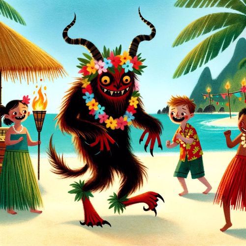 Krampus dances on a Hawaiian beach, wearing flower leis and surrounded by other dancers in grass skirts and floral shirts