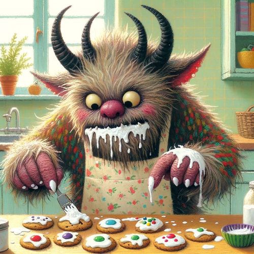Krampus, covered in icing, attempts to decorate cookies. Icing dribbles from his mouth.