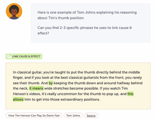 A snippet on Writelike showing cause and effect phrasing in a paragraph about Tim Henson's mad guitar skills.