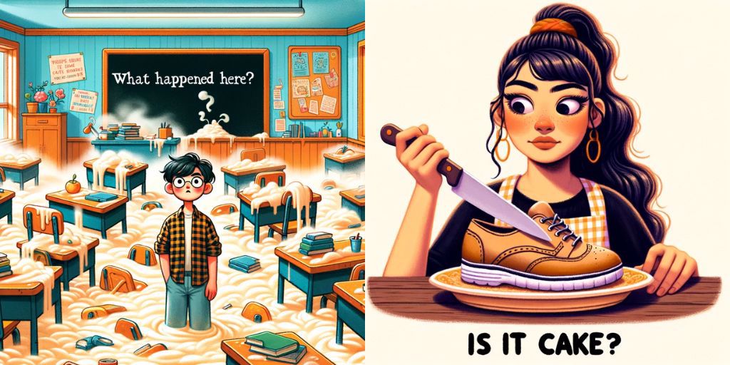Left: In a classroom, a boy stands knee deep in marshmallow wondering what happened. Right: A girl brandishes a knife at a shoe and wonders if it's cake.